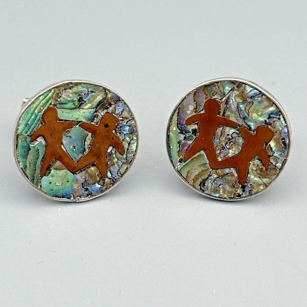 Vintage Sterling Silver Cufflinks Artisan Abalone Copper Figural Copper Taxco